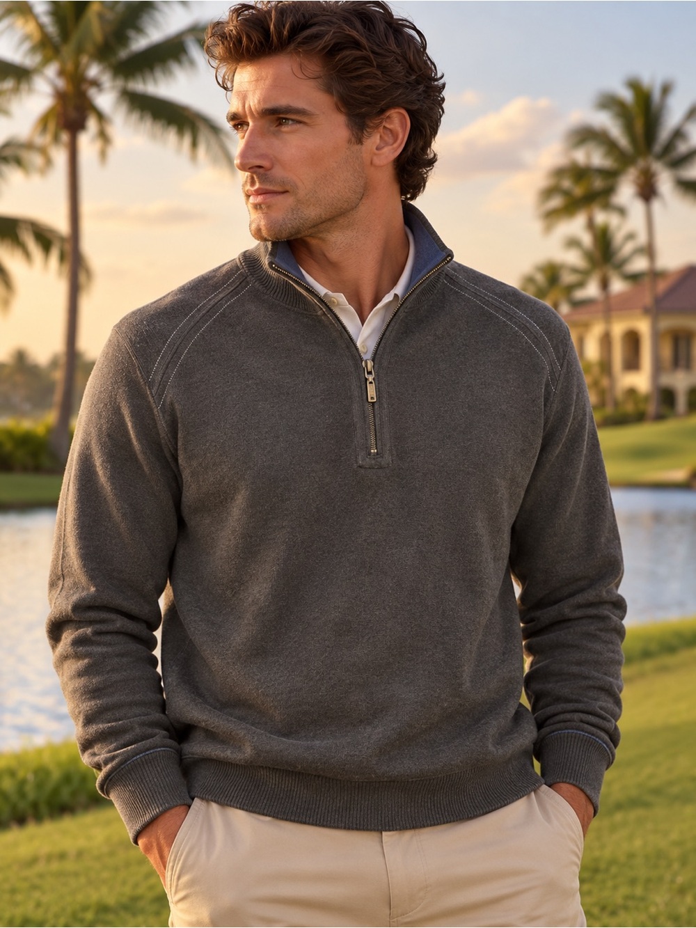 Tommy Bahama Men’s Large Marled Gray 1/4 Zip Pullover Cotton Relax Sweater Golf